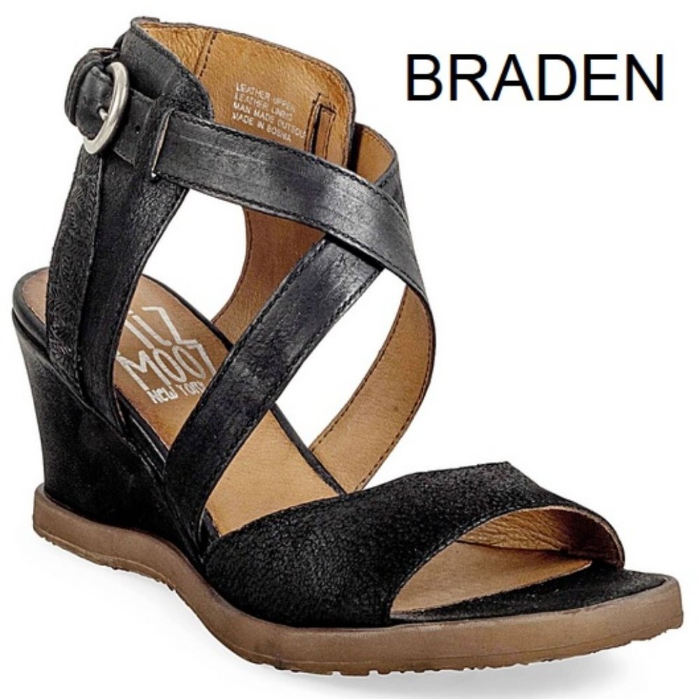 Miz Mooz NYC Braden Black Leather Wedge Sandals